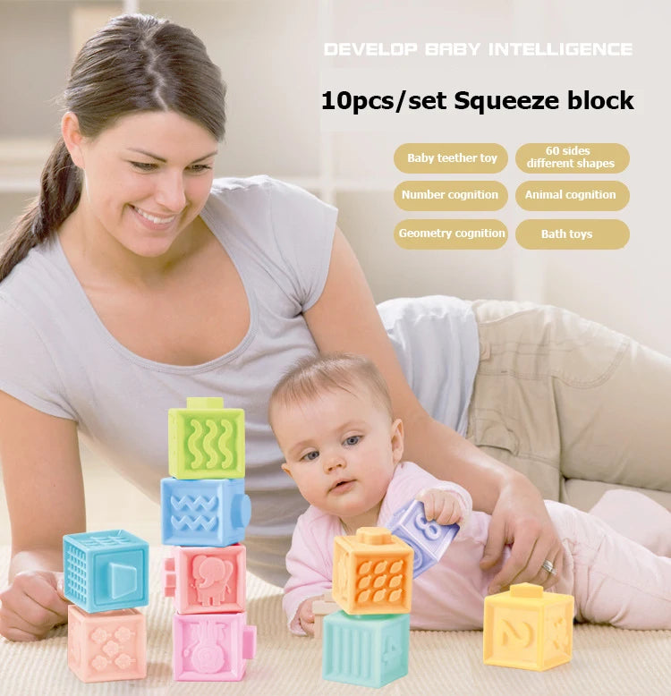 Baby Soft Touch Blocks – 3D Massage Rubber Vinyl Building Blocks, Montessori Bath Squeeze Toy for Kids