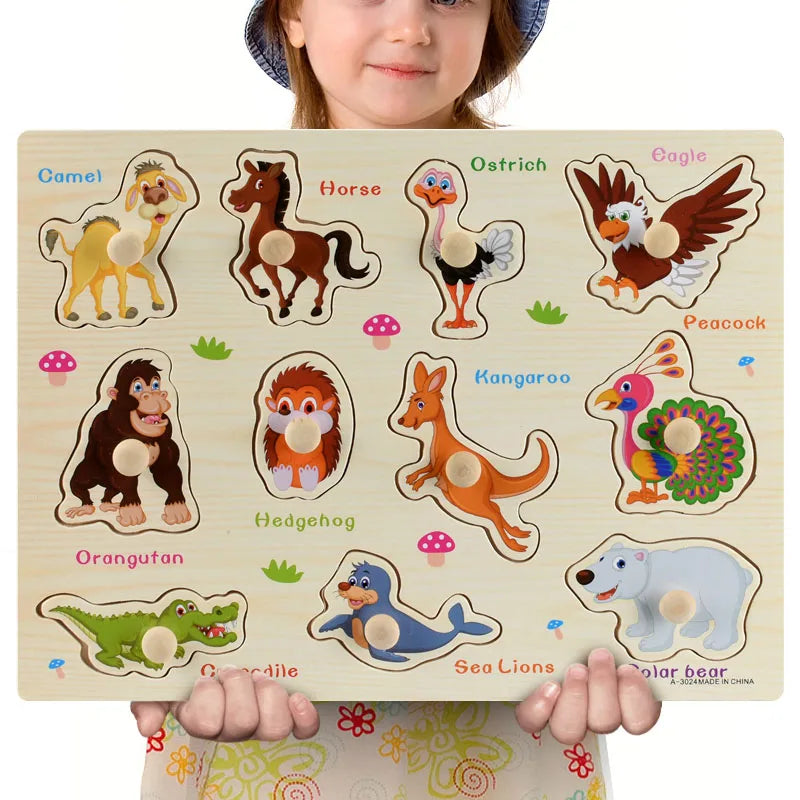 Montessori Wooden Puzzles, Hand Grab Boards, Tangram Jigsaw Baby Educational Toy, Cartoon Vehicle, Animals & Fruits 3D Puzzles