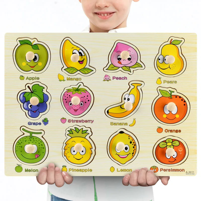 Montessori Wooden Puzzles, Hand Grab Boards, Tangram Jigsaw Baby Educational Toy, Cartoon Vehicle, Animals & Fruits 3D Puzzles