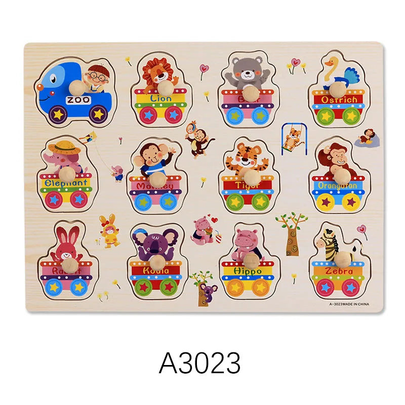 Montessori Wooden Puzzles, Hand Grab Boards, Tangram Jigsaw Baby Educational Toy, Cartoon Vehicle, Animals & Fruits 3D Puzzles