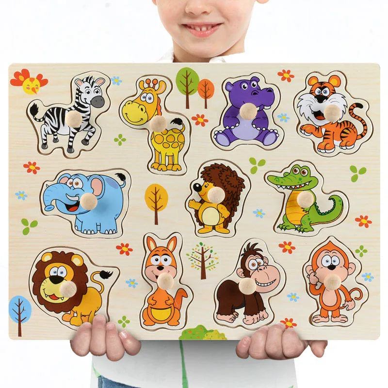 Montessori Wooden Puzzles, Hand Grab Boards, Tangram Jigsaw Baby Educational Toy, Cartoon Vehicle, Animals & Fruits 3D Puzzles