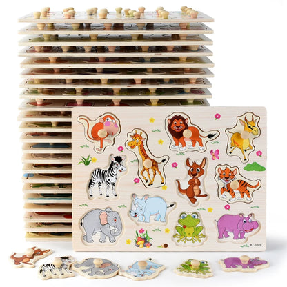 Montessori Wooden Puzzles, Hand Grab Boards, Tangram Jigsaw Baby Educational Toy, Cartoon Vehicle, Animals & Fruits 3D Puzzles