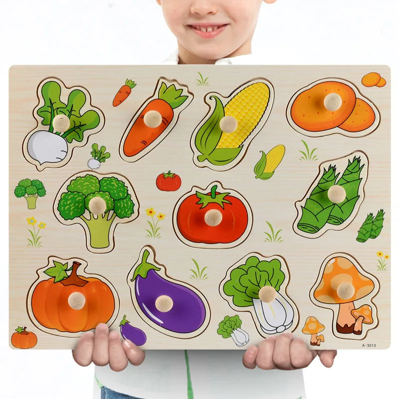 Montessori Wooden Puzzles, Hand Grab Boards, Tangram Jigsaw Baby Educational Toy, Cartoon Vehicle, Animals & Fruits 3D Puzzles