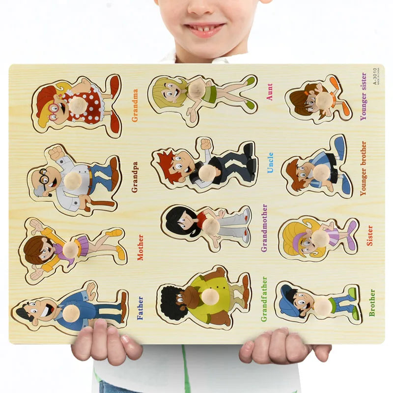 Montessori Wooden Puzzles, Hand Grab Boards, Tangram Jigsaw Baby Educational Toy, Cartoon Vehicle, Animals & Fruits 3D Puzzles
