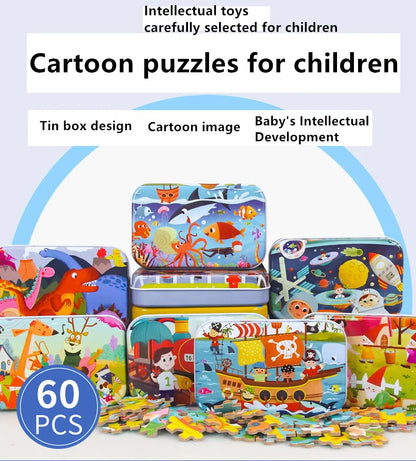 60 Pieces Wooden Jigsaw Puzzle – Cartoon Vehicle and Animal Educational Toy for Kids