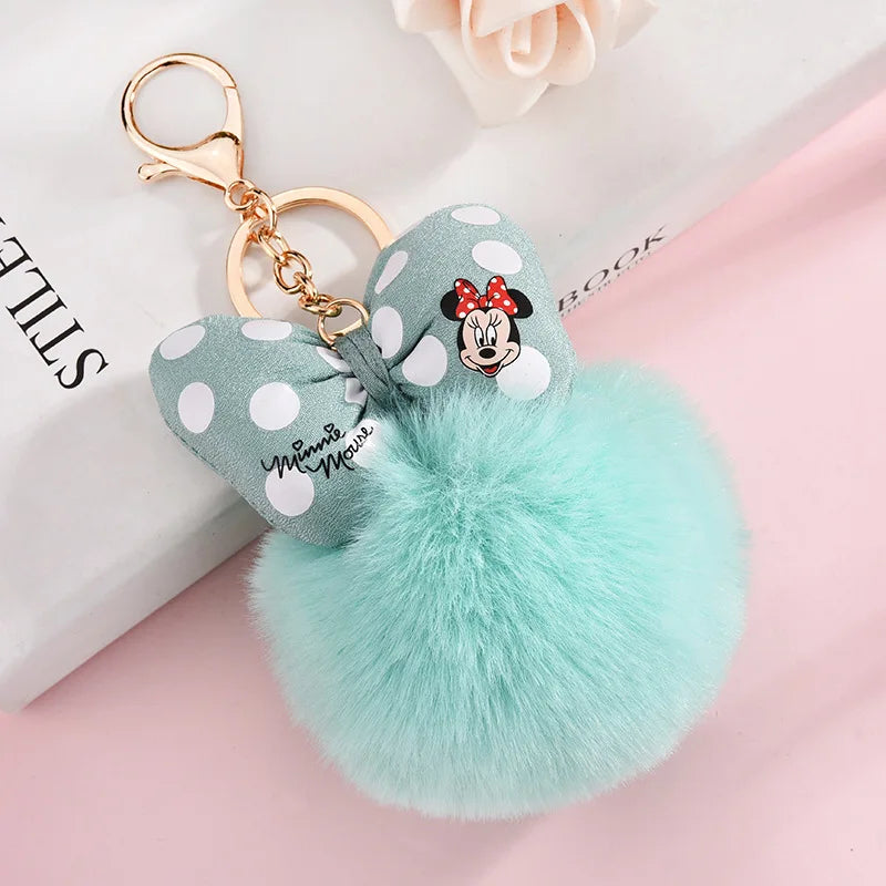 Disney Minnie and Mickey Mouse Plush Keychains, Cartoon Polka Dot Bow Pom-Pom Pendant Gift