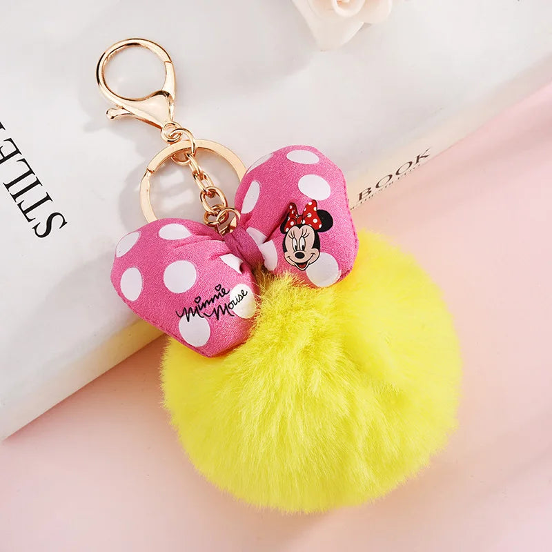 Disney Minnie and Mickey Mouse Plush Keychains, Cartoon Polka Dot Bow Pom-Pom Pendant Gift