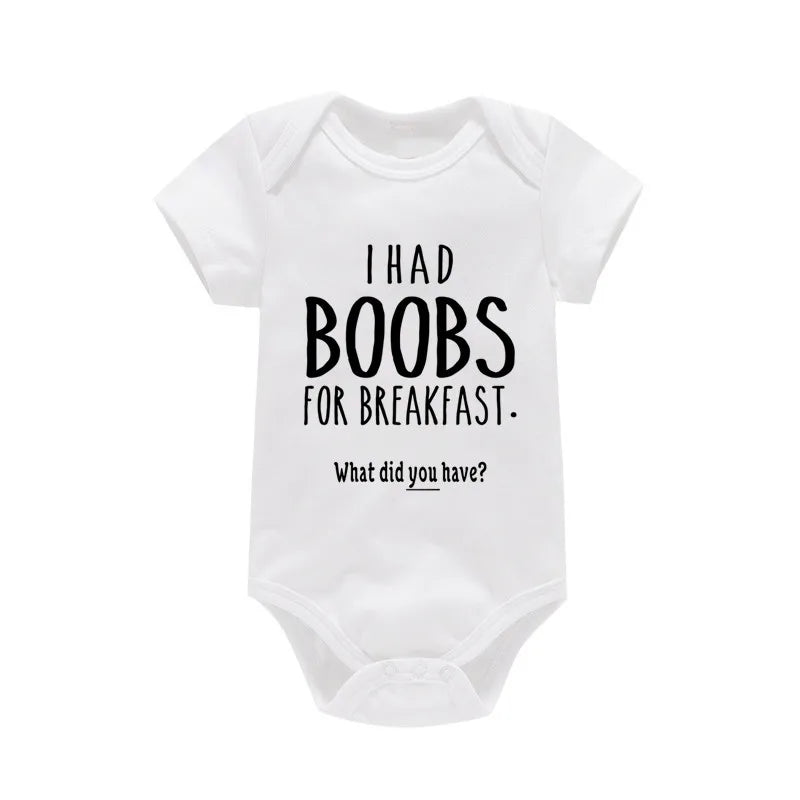“I Had Boobs for Breakfast, What Did You Have?” Funny Baby Girl Romper – Newborn Baby Boy Clothes Jumpsuit