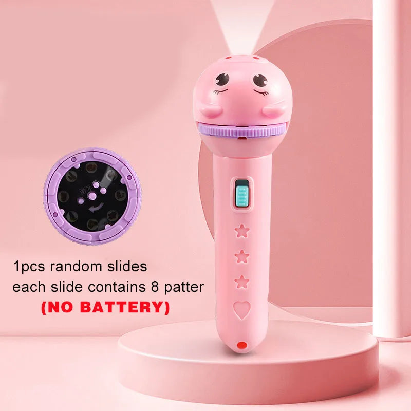 Kids Flashlight Projector Night Light – Storybook Torch with 3 Slide Cards, 8-Pattern Rotating Projection (LR44 Button Batteries Not Included)