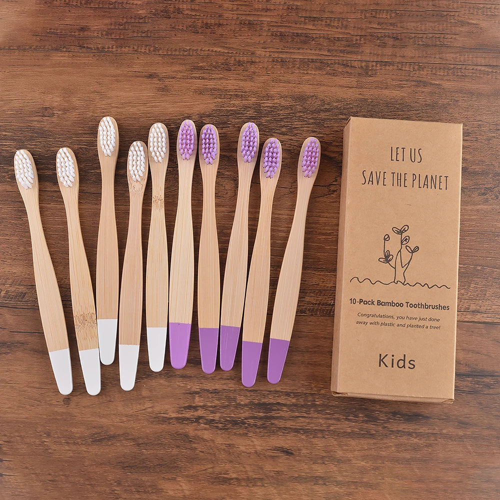 Children's Bamboo Toothbrushes, 10Pcs Soft Bristles, Eco-Friendly Biodegradable Wooden Handle, Teeth Whitening Brush