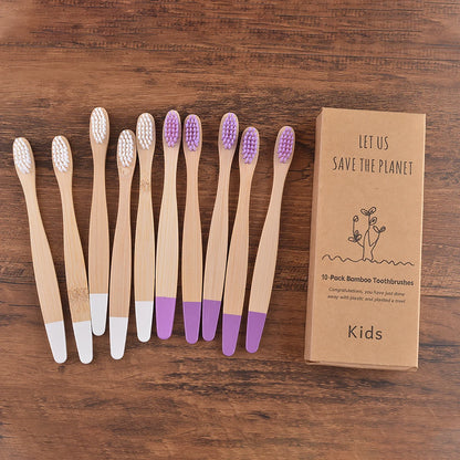 Children's Bamboo Toothbrushes, 10Pcs Soft Bristles, Eco-Friendly Biodegradable Wooden Handle, Teeth Whitening Brush