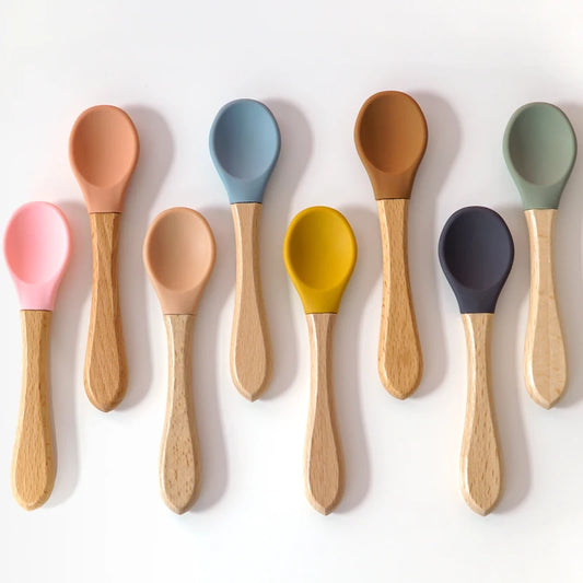 Feeding Wooden Handle Silicone Spoon for Baby – Training Utensils for Solid Foods – Kids' Manipulative Ability Development – Safe and Durable Children's Tableware