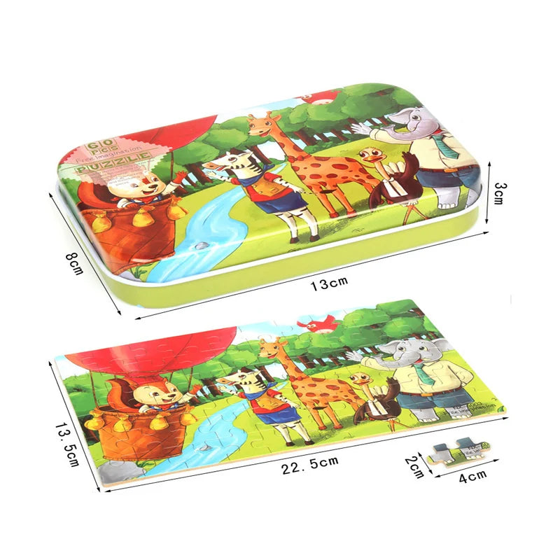 60 Pieces Wooden Jigsaw Puzzle – Cartoon Vehicle and Animal Educational Toy for Kids