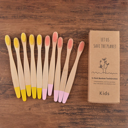 Children's Bamboo Toothbrushes, 10Pcs Soft Bristles, Eco-Friendly Biodegradable Wooden Handle, Teeth Whitening Brush