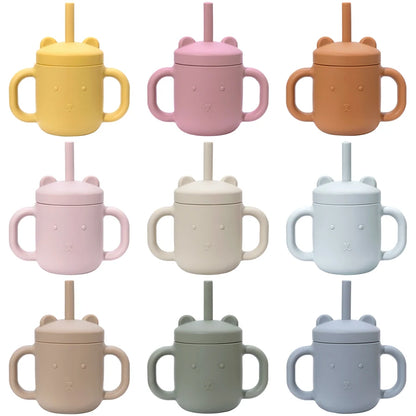 Cartoon Bear Baby Drinking Cup with Double Handles, Straw Feeding Cup, BPA-Free Soft Silicone Learn to Drink Cup, Newborn Accessories