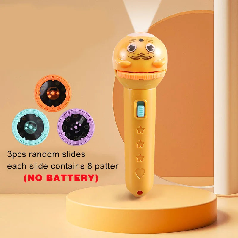 Kids Flashlight Projector Night Light – Storybook Torch with 3 Slide Cards, 8-Pattern Rotating Projection (LR44 Button Batteries Not Included)