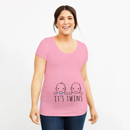 It's Twins Pregnancy T-Shirt | Maternity Tops | Plus-Size Short Sleeve Cartoon Print Announcement Tee for Pregnant Women