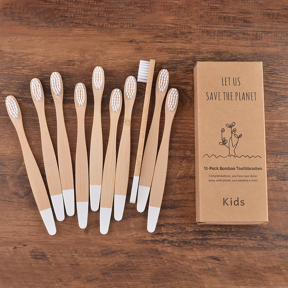Children's Bamboo Toothbrushes, 10Pcs Soft Bristles, Eco-Friendly Biodegradable Wooden Handle, Teeth Whitening Brush