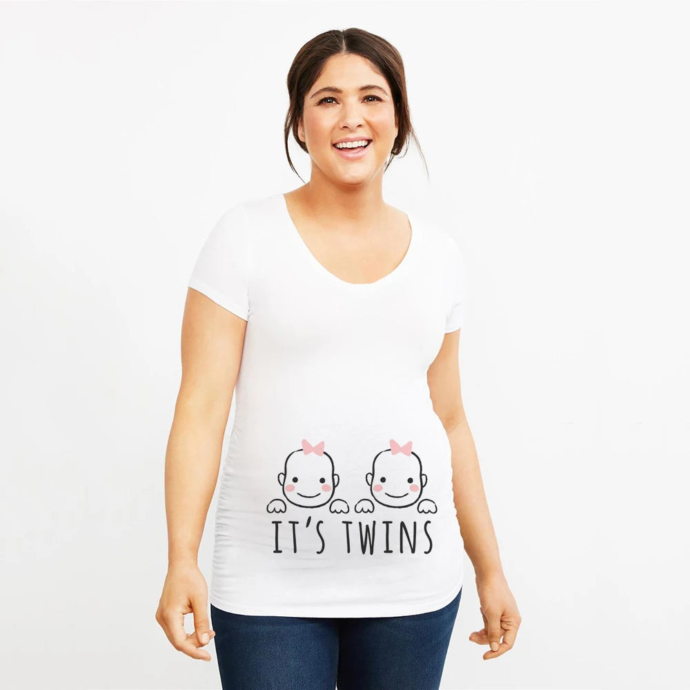 It's Twins Pregnancy T-Shirt | Maternity Tops | Plus-Size Short Sleeve Cartoon Print Announcement Tee for Pregnant Women