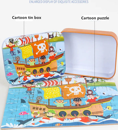 60 Pieces Wooden Jigsaw Puzzle – Cartoon Vehicle and Animal Educational Toy for Kids