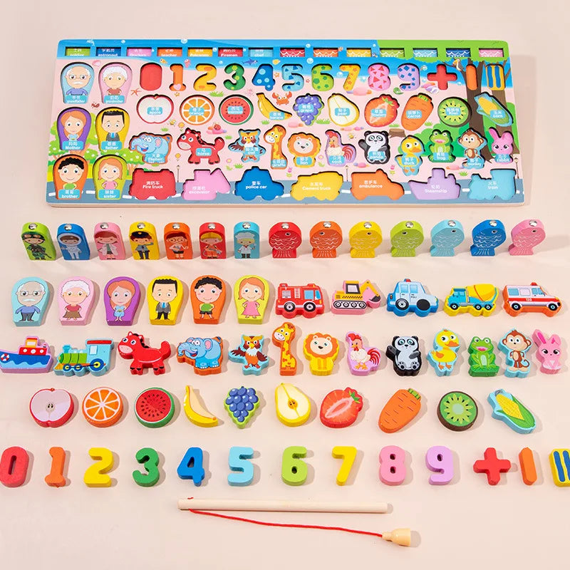 Montessori Wooden Math Toy – Busy Board with Counting, Shape, Color Matching, and Fishing Puzzle for Kids