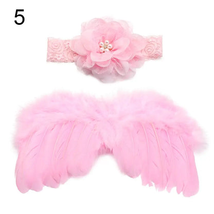 2pcs/Set Cute Newborn Angel Feather Wings & Baby Girl Rose Flower Headband Hair Accessories for Infant Photography Props
