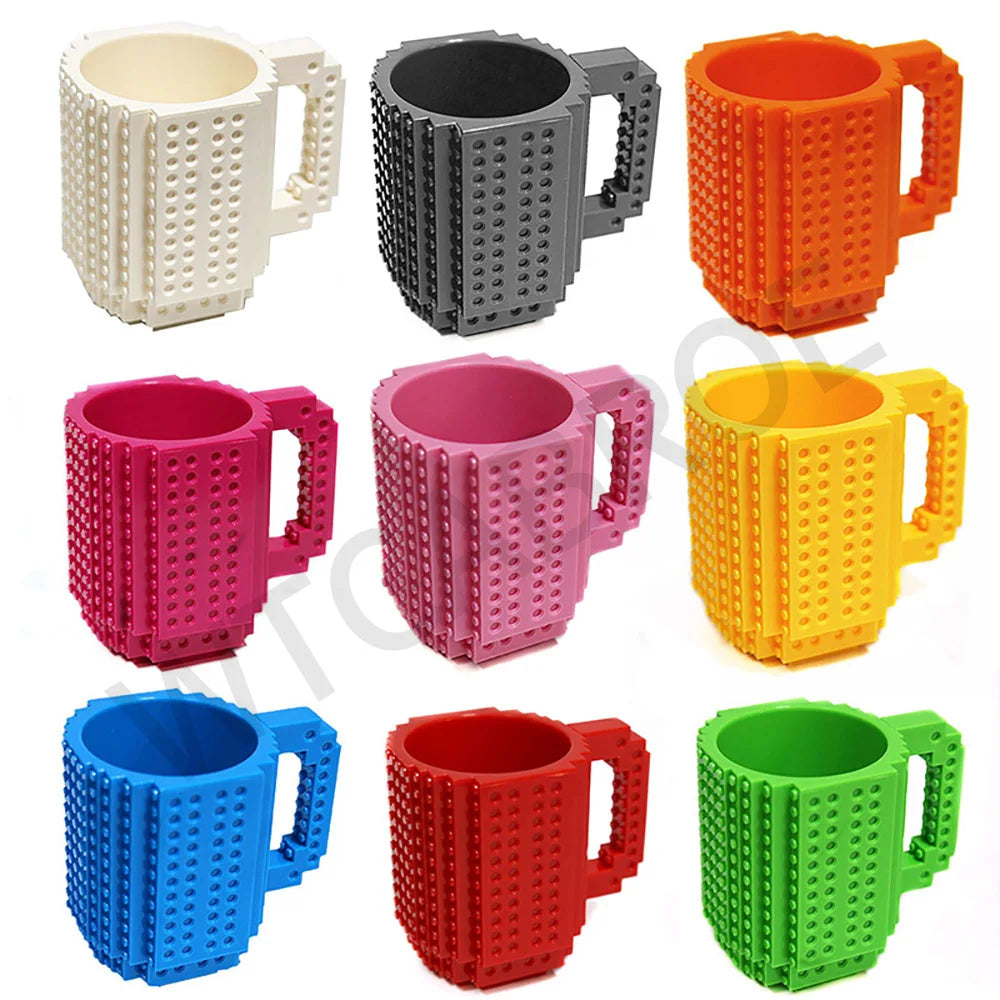 12.2 oz (360ml) Building-Block Compatible Personalized Kids Travel Mug – White Plastic Tumbler with Handle & DIY Brick Pack