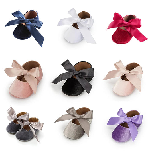 KIDSUN Baby Shoes – Girls Princess Shoes, Non-Slip Flat Soft-Sole Cotton Rubber First Walkers with Cute Bow-Knot for Newborns