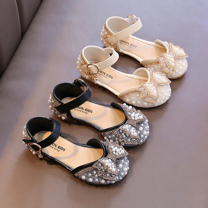 Girls’ Princess Sandals – Summer New Baby Pearl Rhinestones Bow Single Shoes, Fashion Non-Slip Flat Children’s Shoe