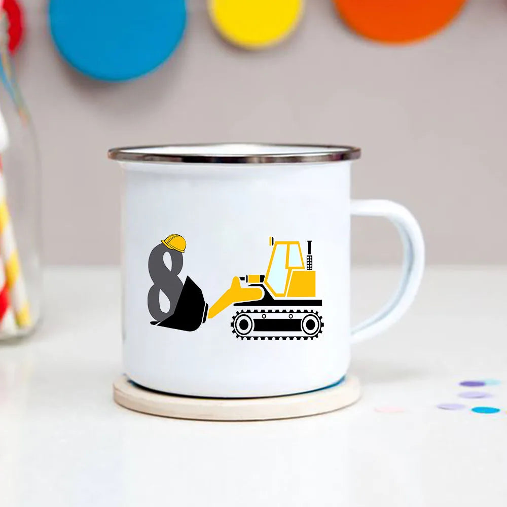 Cartoon Excavator Enamel Kids Mug for Ages 1-8 - 3.14in x 3.35in Breakfast & Cocoa Cup, Boys Birthday Gift