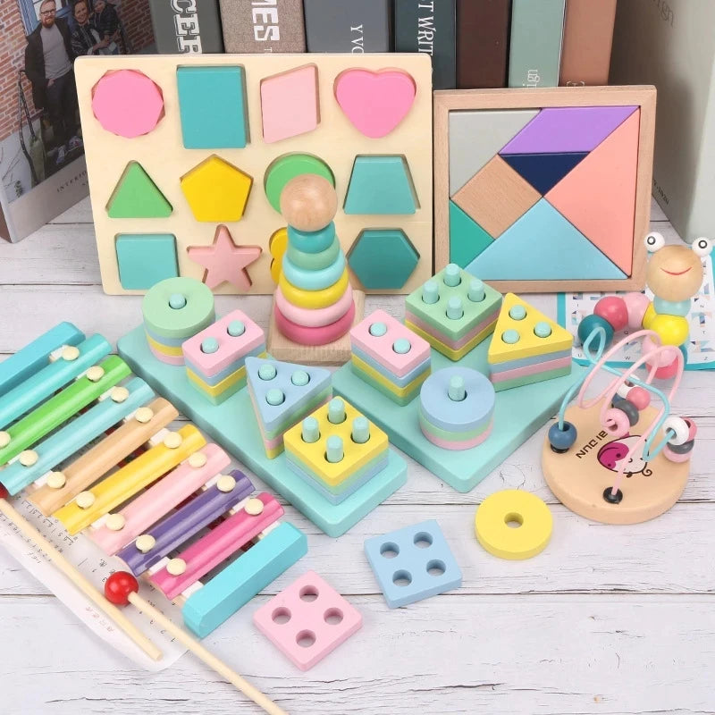 Hot Kids Montessori Wooden Toys – Macaron Blocks, Colorful Graphic Rattle, Educational Music Toy for Babies