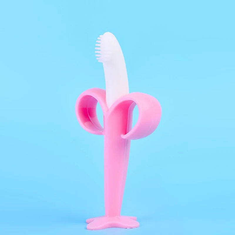 Baby Silicone Training Toothbrush - BPA Free Banana Shape Teether Chew Toy and Teething Ring for Infants