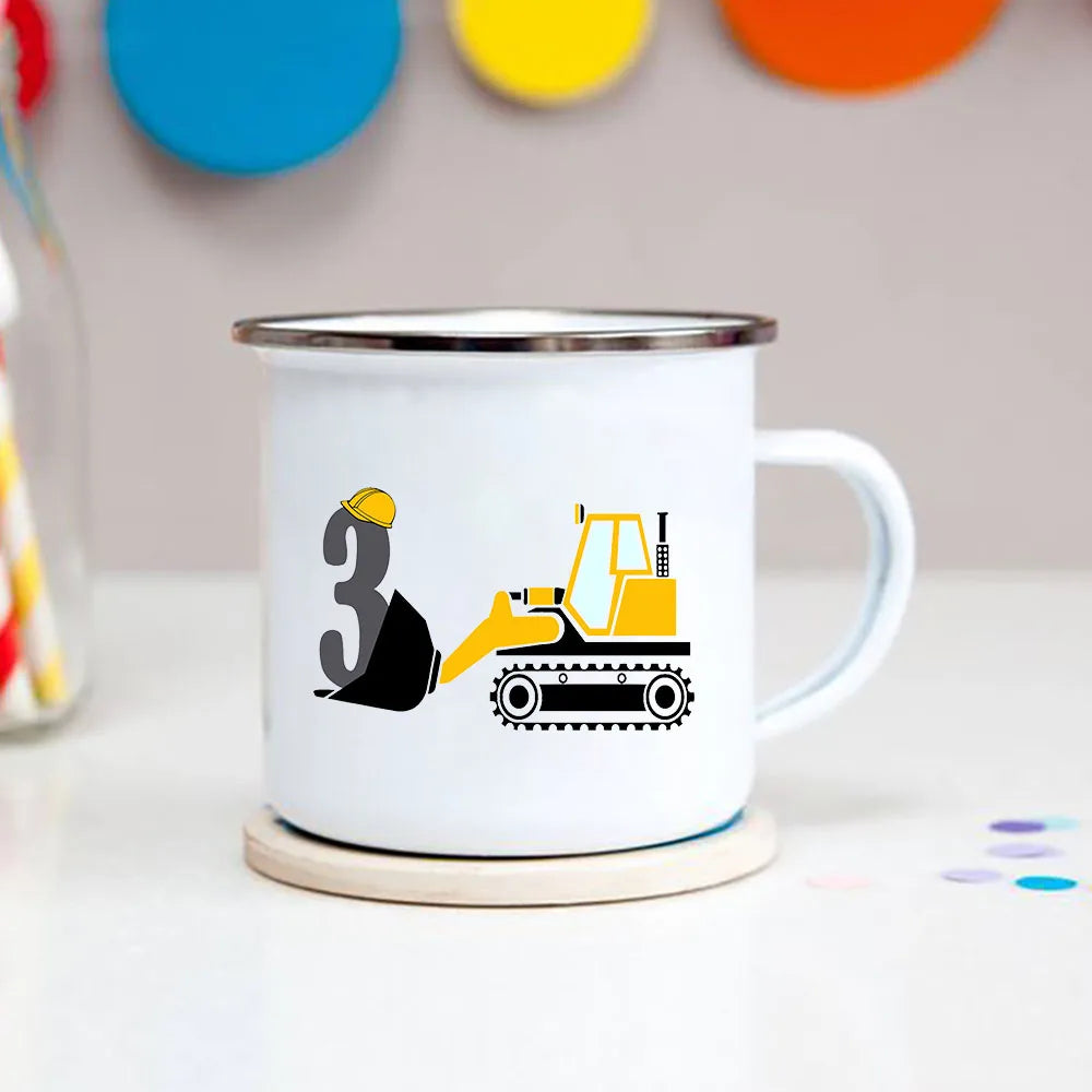 Cartoon Excavator Enamel Kids Mug for Ages 1-8 - 3.14in x 3.35in Breakfast & Cocoa Cup, Boys Birthday Gift