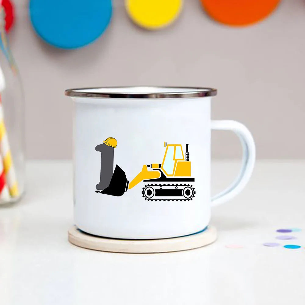 Cartoon Excavator Enamel Kids Mug for Ages 1-8 - 3.14in x 3.35in Breakfast & Cocoa Cup, Boys Birthday Gift