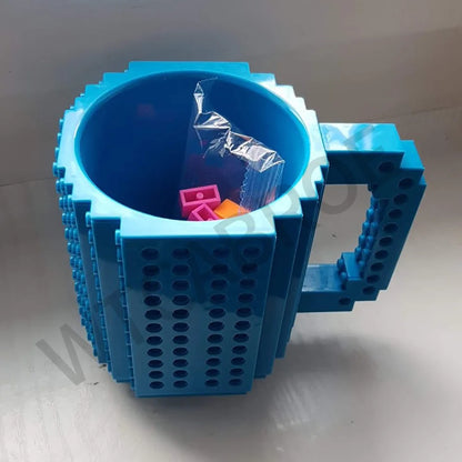 12.2 oz (360ml) Building-Block Compatible Personalized Kids Travel Mug – White Plastic Tumbler with Handle & DIY Brick Pack