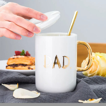 Mom & Dad Ceramic Coffee Mug with Lid & Spoon — 400ml (13.5 fl oz) | Gift Box, Black & White