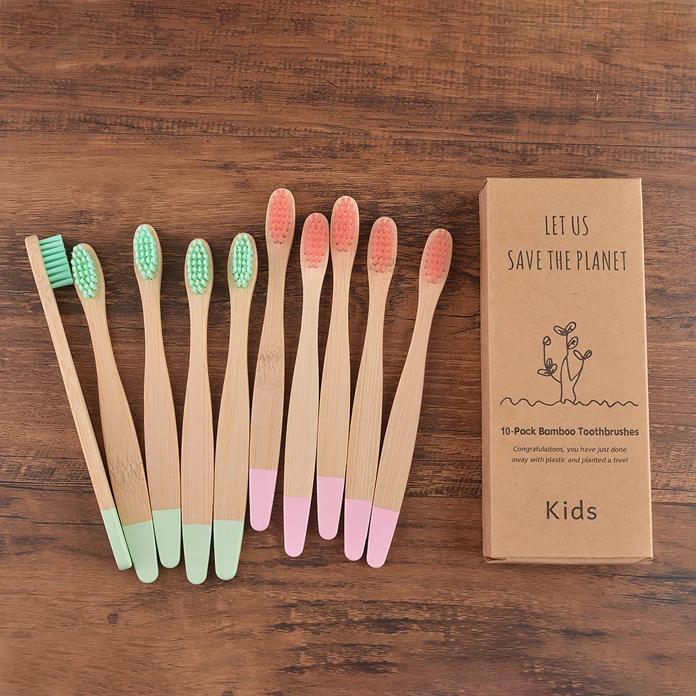 Children's Bamboo Toothbrushes, 10Pcs Soft Bristles, Eco-Friendly Biodegradable Wooden Handle, Teeth Whitening Brush
