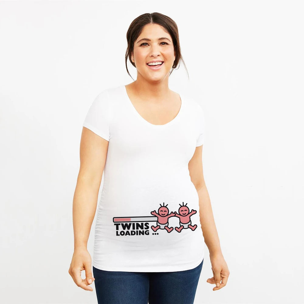 It's Twins Pregnancy T-Shirt | Maternity Tops | Plus-Size Short Sleeve Cartoon Print Announcement Tee for Pregnant Women