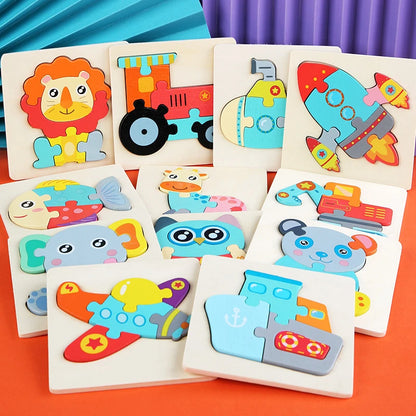 Kids Wooden 3D Puzzle, Cartoon Animals Cognitive Jigsaw, Early Learning Educational Toy for Children Gift