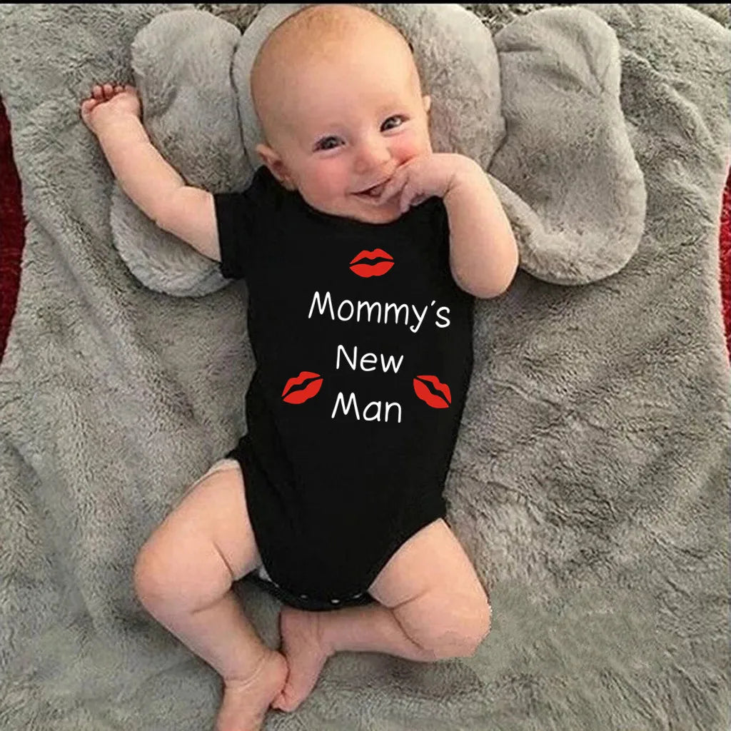 Newborn Baby Boy Romper – Short Sleeve 100% Cotton Bodysuit – "Mommy's New Man" Design – Black