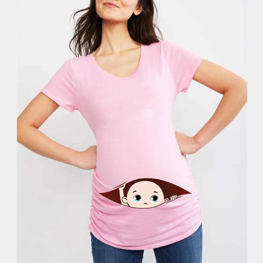 Summer Funny Cartoon Print Maternity T-Shirt | Pink Plus-Size Short Sleeve Tops | Pregnant Women Hot Sale T-Shirts