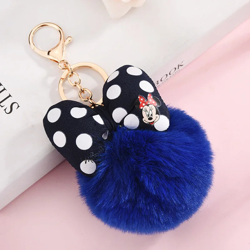 Disney Minnie and Mickey Mouse Plush Keychains, Cartoon Polka Dot Bow Pom-Pom Pendant Gift