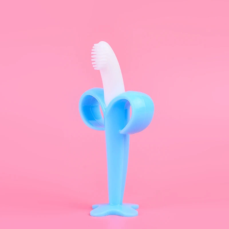 Baby Silicone Training Toothbrush - BPA Free Banana Shape Teether Chew Toy and Teething Ring for Infants