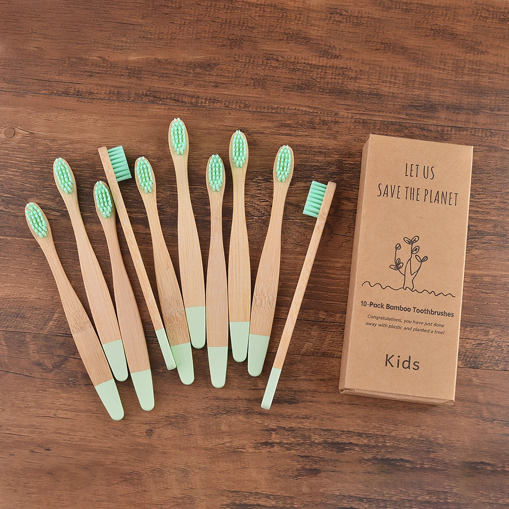 Children's Bamboo Toothbrushes, 10Pcs Soft Bristles, Eco-Friendly Biodegradable Wooden Handle, Teeth Whitening Brush