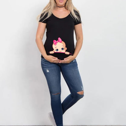 Summer Funny Cartoon Print Maternity T-Shirt | Pink Plus-Size Short Sleeve Tops | Pregnant Women Hot Sale T-Shirts