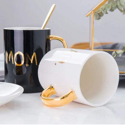 Mom & Dad Ceramic Coffee Mug with Lid & Spoon — 400ml (13.5 fl oz) | Gift Box, Black & White