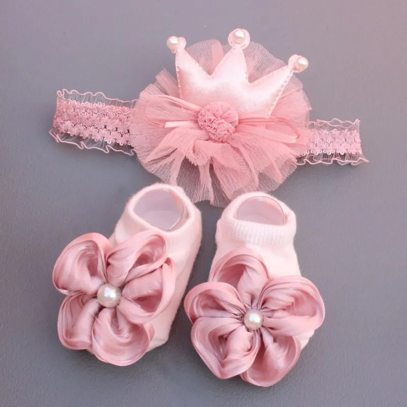 2 Pcs/Set Elastic Baby Headband Socks Set Lace Flower Newborn Girl Short Socks Bow Crown Infant Hairband