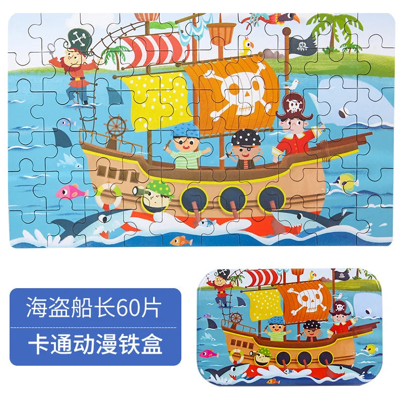 60 Pieces Wooden Jigsaw Puzzle – Cartoon Vehicle and Animal Educational Toy for Kids