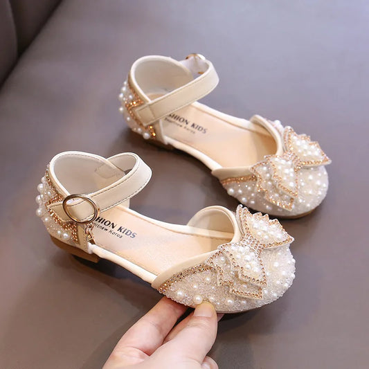 Girls’ Princess Sandals – Summer New Baby Pearl Rhinestones Bow Single Shoes, Fashion Non-Slip Flat Children’s Shoe