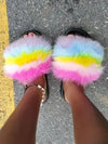 Trendy Women’s Plush Fox Fur Slide Sandals – Soft Fluffy Indoor/Outdoor Slippers with EVA Non-Slip Sole for All-Day Comfort